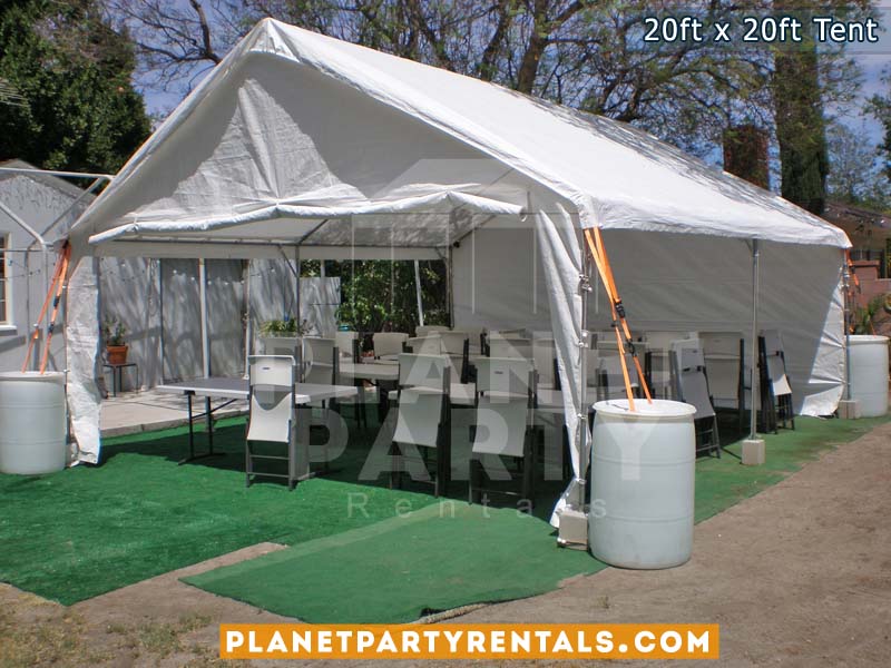 20ft x 20ft white tent with rectangular tables and chairs