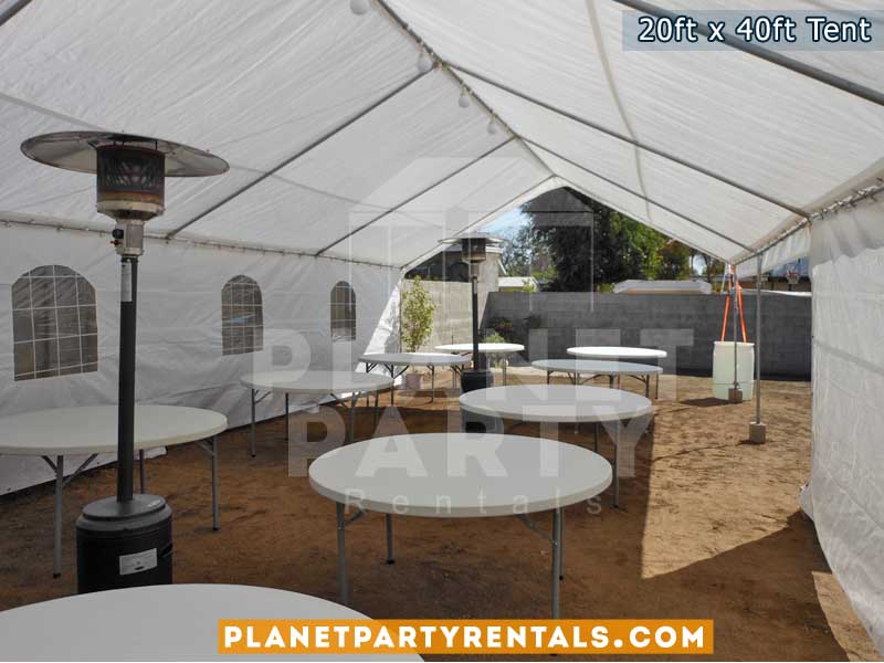20ft x 40ft tent with sidewalls and round white tables