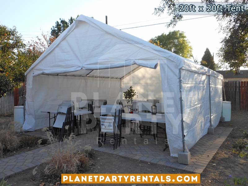 20ft x 20ft white tent with rectangular tables and chairs 