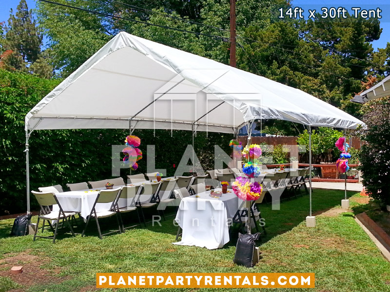 14ft x 30ft Tent with plastic chairs and rectangular tables with tablecloths 