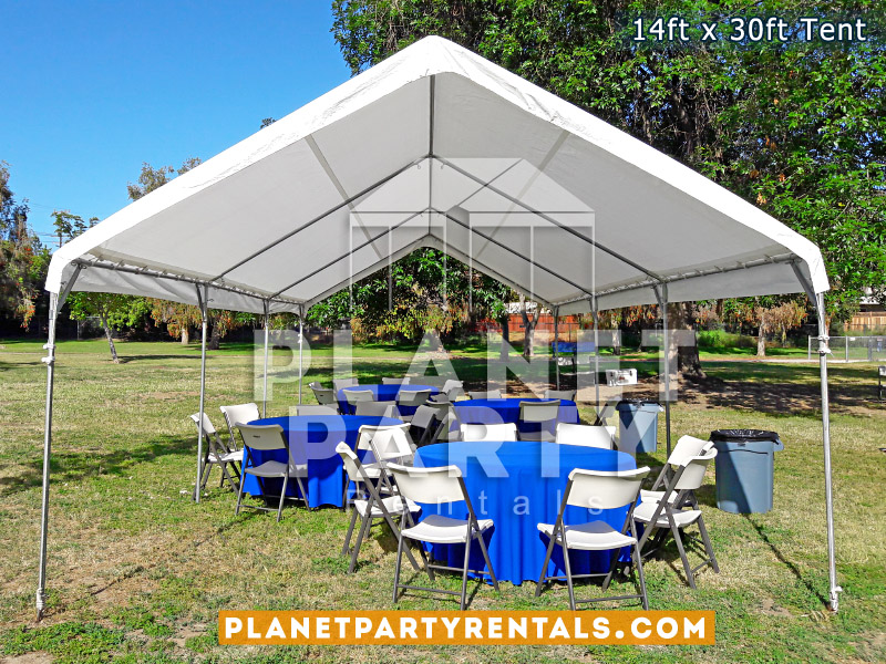 14ft x 30ft Tent with plastic chairs and round tables with blue tablecloths 