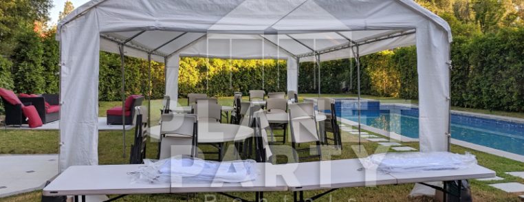 14ft x 30ft Tent with plastic chairs and rectangular tables