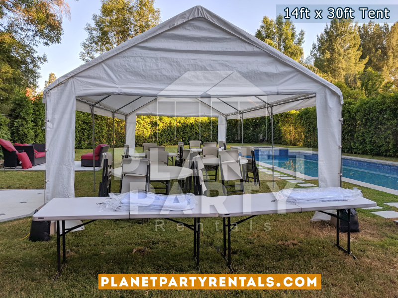 14ft x 30ft Tent with plastic chairs and rectangular tables 